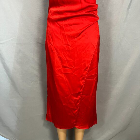 Isalis Sofia Silky Dress Ruby Red Satin Cowl Neck Midi Medium Flirty Romantic - Picture 5 of 11